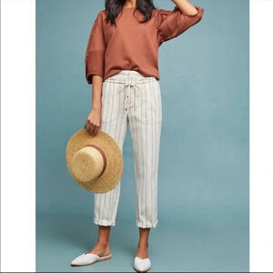 By Anthropologie Beige Tan Striped Linen Tassel Tie Pants Size Small
